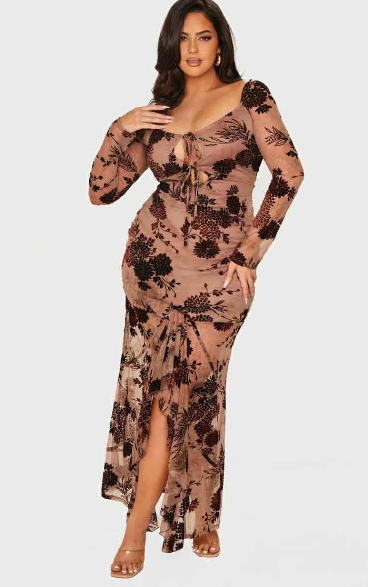 Plus Floral Print Devore Off The Shoulder Long Sleeve Maxi Dress-PrettyLittleThing New