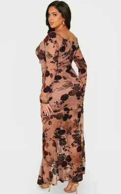 Plus Floral Print Devore Off The Shoulder Long Sleeve Maxi Dress-PrettyLittleThing New