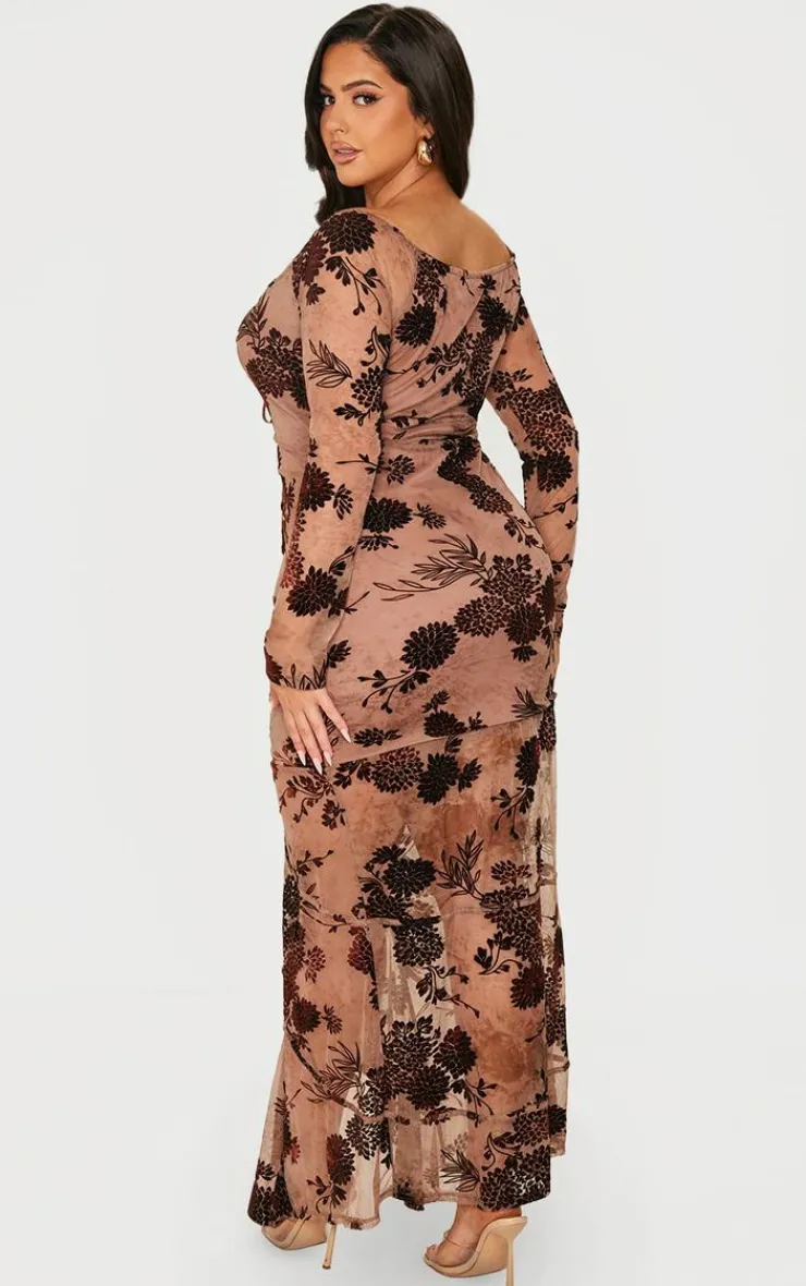 Plus Floral Print Devore Off The Shoulder Long Sleeve Maxi Dress-PrettyLittleThing New