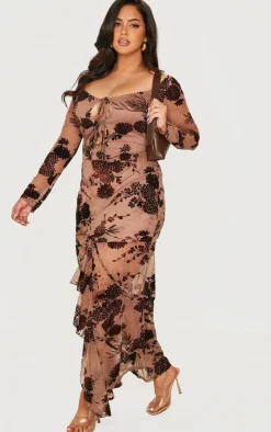 Plus Floral Print Devore Off The Shoulder Long Sleeve Maxi Dress-PrettyLittleThing New