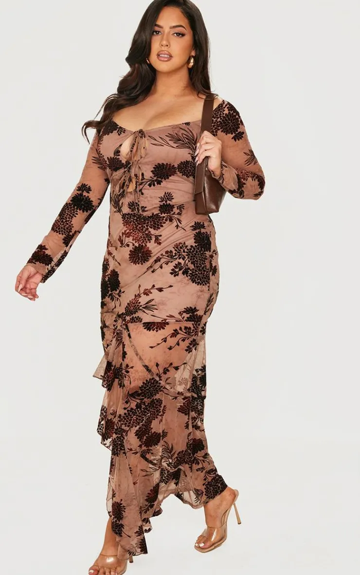 Plus Floral Print Devore Off The Shoulder Long Sleeve Maxi Dress-PrettyLittleThing New