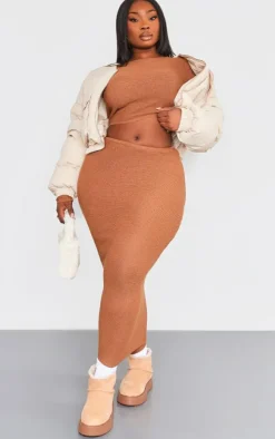 PrettyLittleThing Plus Knitted Maxi Skirt Brown