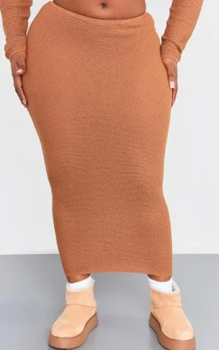 PrettyLittleThing Plus Knitted Maxi Skirt Brown