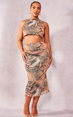 Discount PrettyLittleThing Plus Leopard Lettuce Hem Mesh Midi Skirt Brown