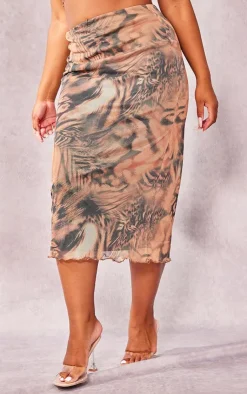 Discount PrettyLittleThing Plus Leopard Lettuce Hem Mesh Midi Skirt Brown
