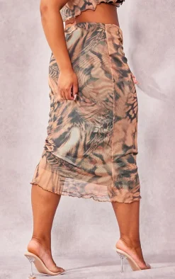 Discount PrettyLittleThing Plus Leopard Lettuce Hem Mesh Midi Skirt Brown