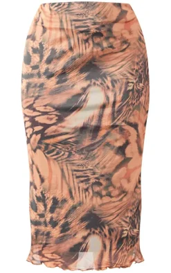 Discount PrettyLittleThing Plus Leopard Lettuce Hem Mesh Midi Skirt Brown