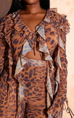 PrettyLittleThing Plus Leopard Print Chiffon Frill Tie Split Sleeve Crop Top Brown
