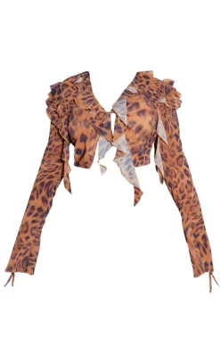 PrettyLittleThing Plus Leopard Print Chiffon Frill Tie Split Sleeve Crop Top Brown