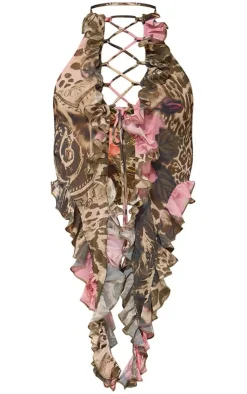 Hot PrettyLittleThing Plus Leopard Print Chiffon Frill Detail Bralet Brown