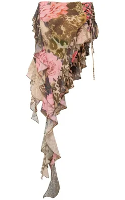 Discount PrettyLittleThing Plus Leopard Print Chiffon Frill Detail Midi Skirt Brown