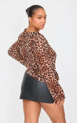 PrettyLittleThing Shirts*Plus Leopard Print Chiffon Fitted Long Sleeve Shirt