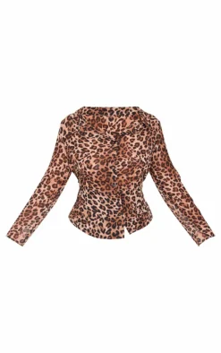 PrettyLittleThing Shirts*Plus Leopard Print Chiffon Fitted Long Sleeve Shirt