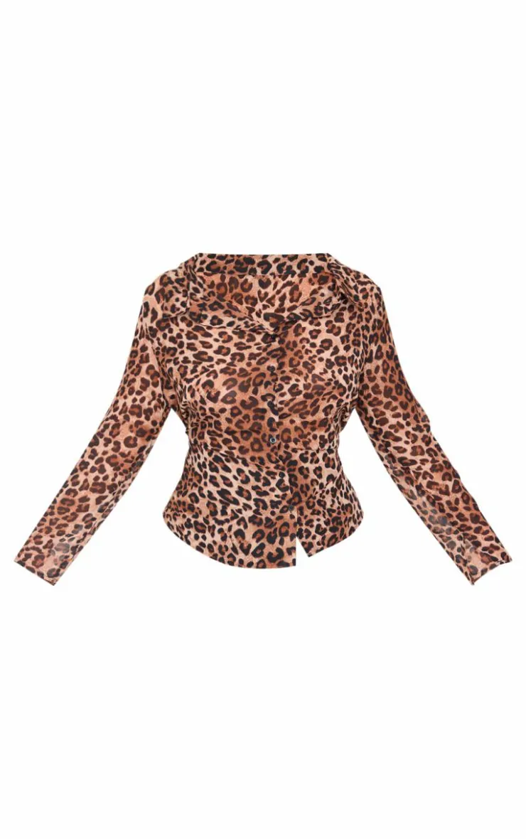 PrettyLittleThing Shirts*Plus Leopard Print Chiffon Fitted Long Sleeve Shirt