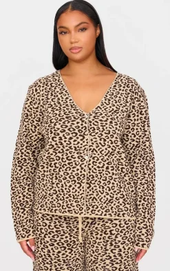 PrettyLittleThing Knitted Tops*Plus Leopard Print V Neck Knitted Button Up Cardigan