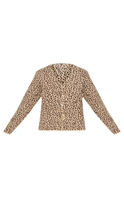 PrettyLittleThing Knitted Tops*Plus Leopard Print V Neck Knitted Button Up Cardigan
