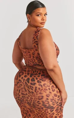 PrettyLittleThing Plus Leopard Printed Dipped Hem Corset Top Brown