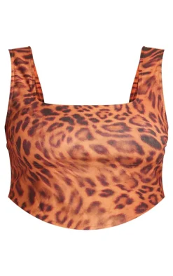 PrettyLittleThing Plus Leopard Printed Dipped Hem Corset Top Brown