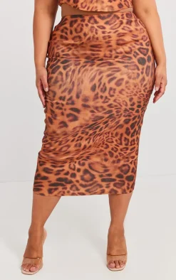Outlet PrettyLittleThing Plus Leopard Printed Midaxi Skirt Brown