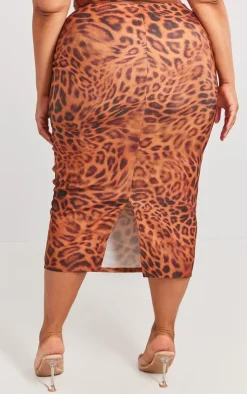 Outlet PrettyLittleThing Plus Leopard Printed Midaxi Skirt Brown