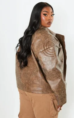 PrettyLittleThing Faux Leather Jackets*Plus Oversized Faux Leather Distressed Look Biker Jacket