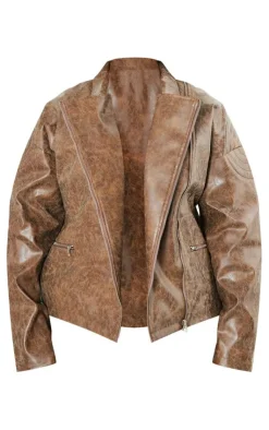 PrettyLittleThing Faux Leather Jackets*Plus Oversized Faux Leather Distressed Look Biker Jacket