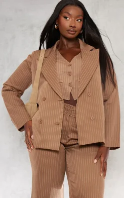 Hot PrettyLittleThing Plus Oversized Stripe Tailored Blazer Brown
