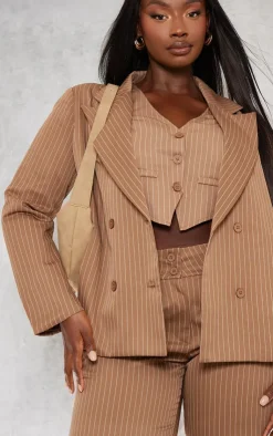 Hot PrettyLittleThing Plus Oversized Stripe Tailored Blazer Brown