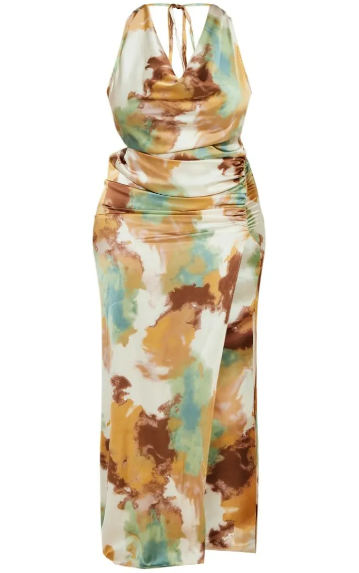 Plus Printed Satin Cowl Neck Maxi Dress-PrettyLittleThing