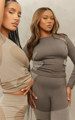 PrettyLittleThing Workout Tops*Plus Seamless Contrast Panel Long Sleeve Gym Top