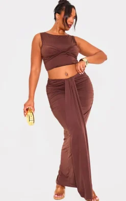 Discount PrettyLittleThing Plus Slinky Drape Detail Maxi Skirt Brown
