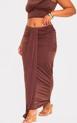 Discount PrettyLittleThing Plus Slinky Drape Detail Maxi Skirt Brown