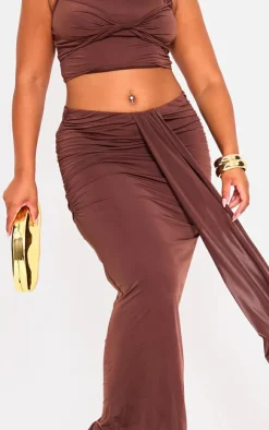 Discount PrettyLittleThing Plus Slinky Drape Detail Maxi Skirt Brown