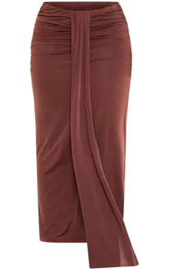 Discount PrettyLittleThing Plus Slinky Drape Detail Maxi Skirt Brown