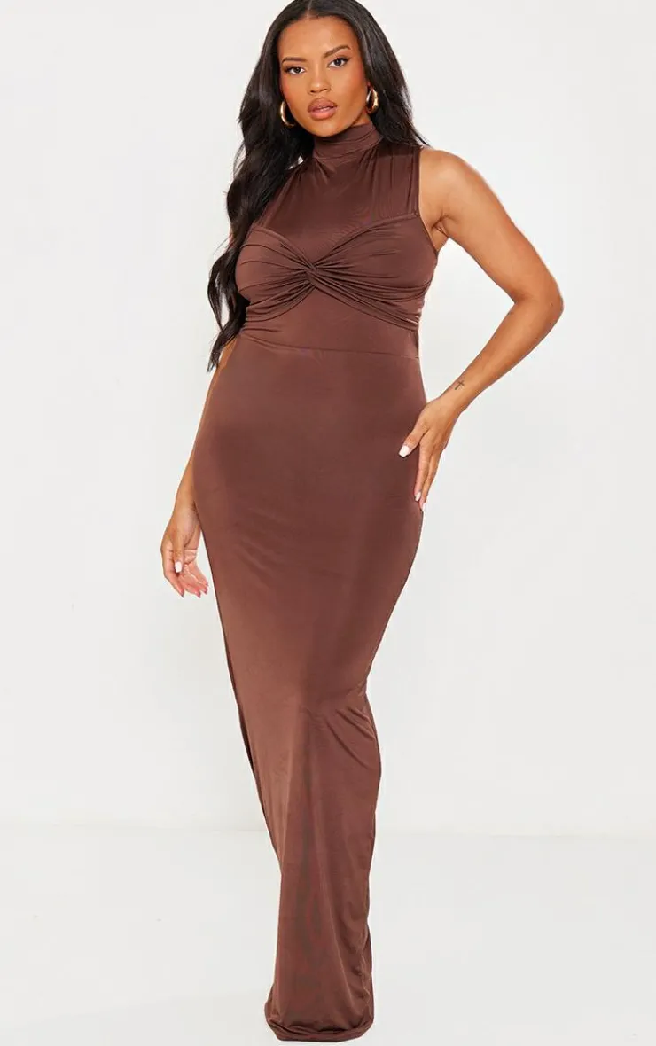 Plus Slinky Knot Detail Ruched Maxi Dress-PrettyLittleThing Online