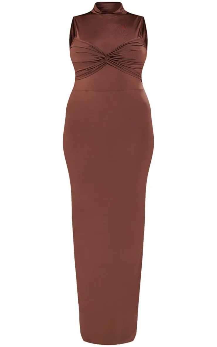 Plus Slinky Knot Detail Ruched Maxi Dress-PrettyLittleThing Online