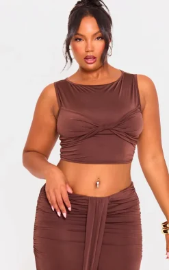 Discount PrettyLittleThing Plus Slinky Sleeveless Crop Top Brown