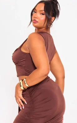 Discount PrettyLittleThing Plus Slinky Sleeveless Crop Top Brown