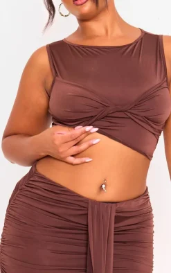 Discount PrettyLittleThing Plus Slinky Sleeveless Crop Top Brown