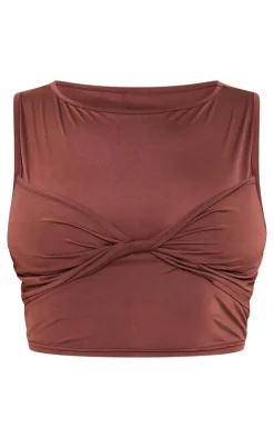 Discount PrettyLittleThing Plus Slinky Sleeveless Crop Top Brown