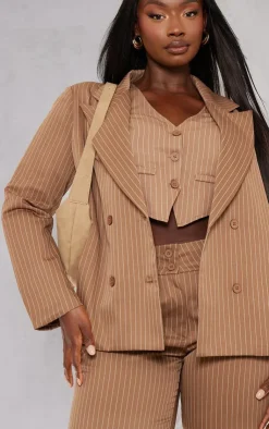 Clearance PrettyLittleThing Plus Stripe Tailored Vest Brown