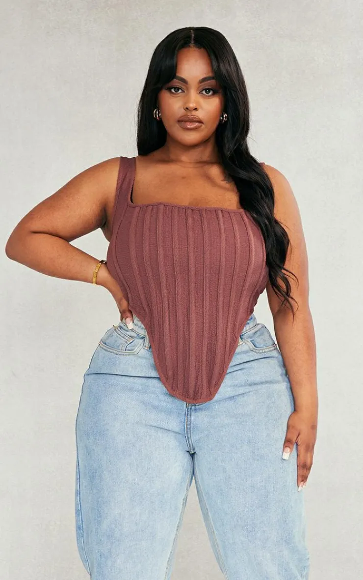 PrettyLittleThing Corsets*Plus Brown Textured Boned Corset Top