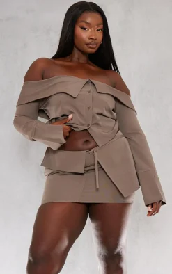 Clearance PrettyLittleThing Plus Textured Woven Fold Over Detail Long Sleeve Top Brown