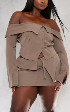 Clearance PrettyLittleThing Plus Textured Woven Fold Over Detail Long Sleeve Top Brown