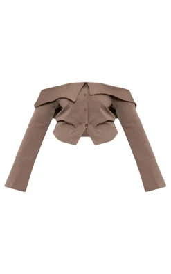 Clearance PrettyLittleThing Plus Textured Woven Fold Over Detail Long Sleeve Top Brown