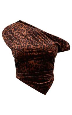 Discount PrettyLittleThing Plus Velvet Animal Print Cowl Neck Top Brown