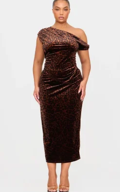 Hot PrettyLittleThing Plus Velvet Animal Print Midi Skirt Brown