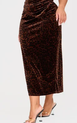 Hot PrettyLittleThing Plus Velvet Animal Print Midi Skirt Brown