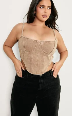 PrettyLittleThing Corsets*Plus Brown Washed Denim Dipped Hem Corset Top