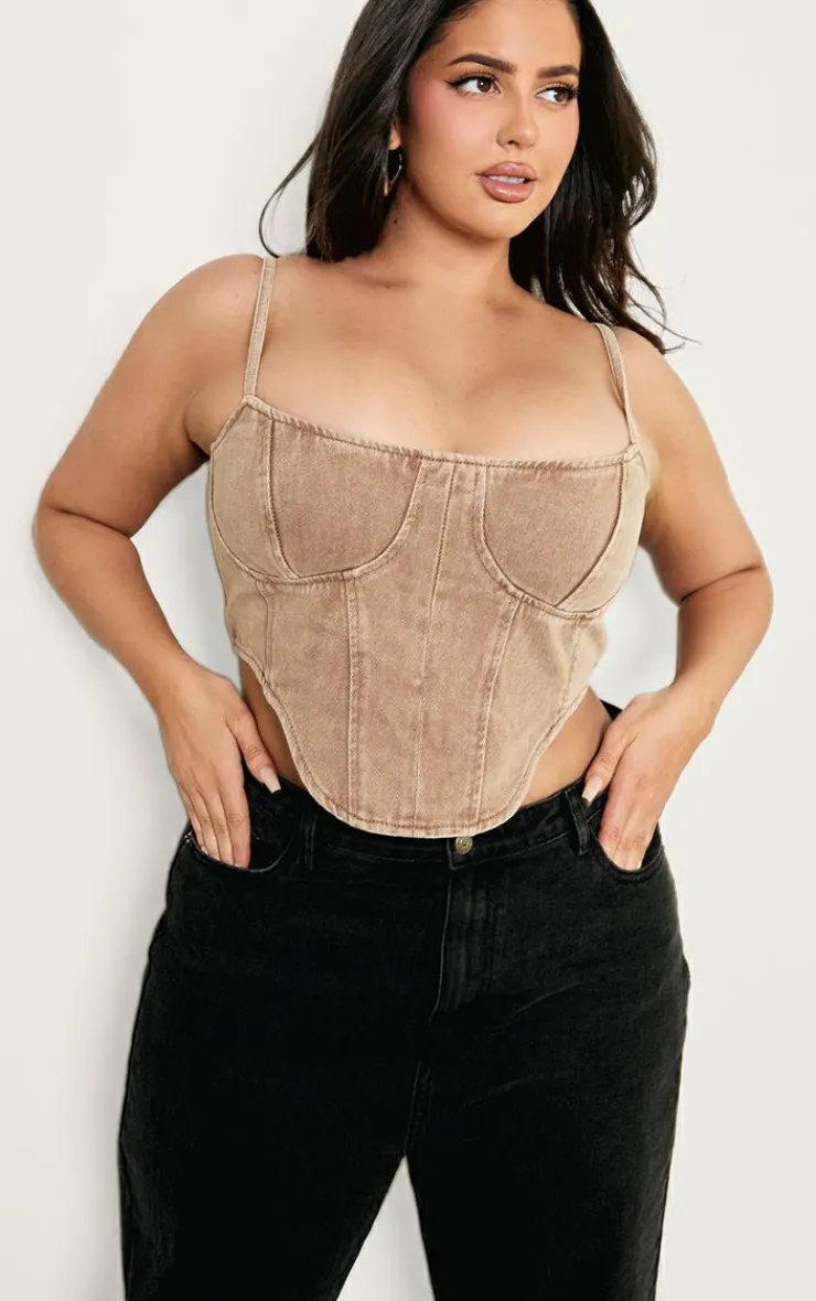 PrettyLittleThing Corsets*Plus Brown Washed Denim Dipped Hem Corset Top
